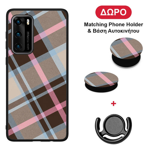 Brown Pink and Blue Diagonal Plaid - Huawei P40 θήκη + Δώρο Phone Holder & Βάση Αυτοκινήτου