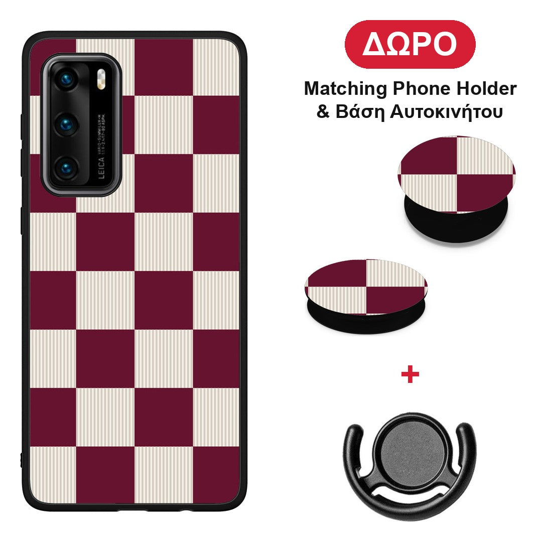 Burgundy and Cream Striped Checks - Huawei P40 θήκη + Δώρο Phone Holder & Βάση Αυτοκινήτου