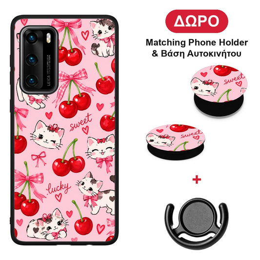 Cherries Bows and Kittens on Pink - Huawei P40 θήκη + Δώρο Phone Holder & Βάση Αυτοκινήτου