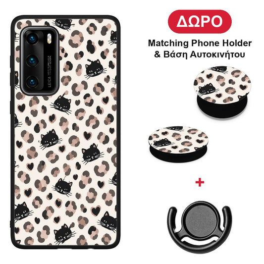 Leopard Spots and Black Cats on Cream - Huawei P40 θήκη + Δώρο Phone Holder & Βάση Αυτοκινήτου