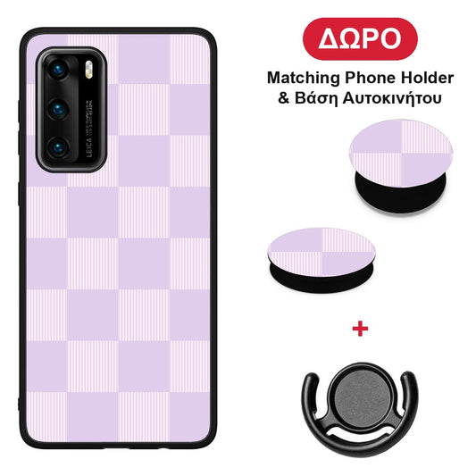 Lilac and Cream Striped Checks - Huawei P40 θήκη + Δώρο Phone Holder & Βάση Αυτοκινήτου