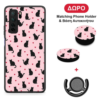 Black Cat Silhouettes and Hearts on Pink - Huawei P40 Lite 5G θήκη + Δώρο Phone Holder & Βάση Αυτοκινήτου