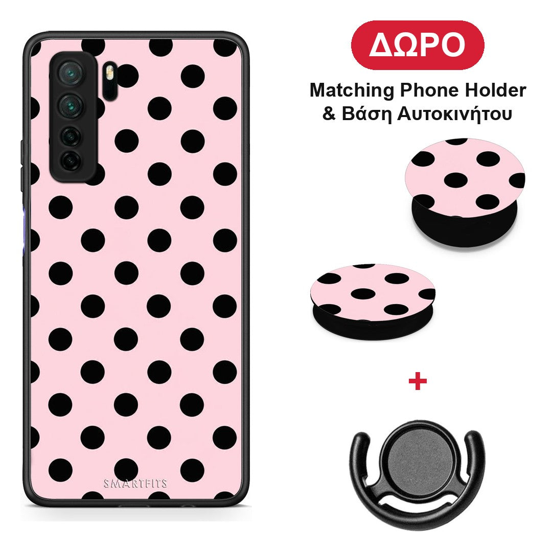 Black Polka Dots on Pink - Huawei P40 Lite 5G θήκη + Δώρο Phone Holder & Βάση Αυτοκινήτου