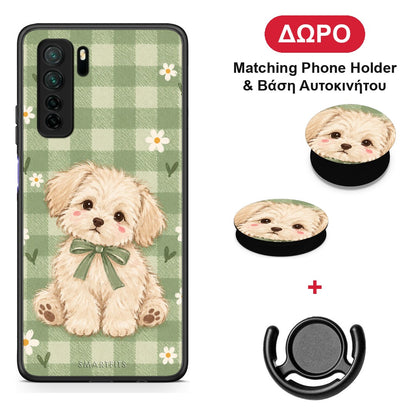 Puppy and Daisies on Sage Gingham - Huawei P40 Lite 5G θήκη + Δώρο Phone Holder & Βάση Αυτοκινήτου