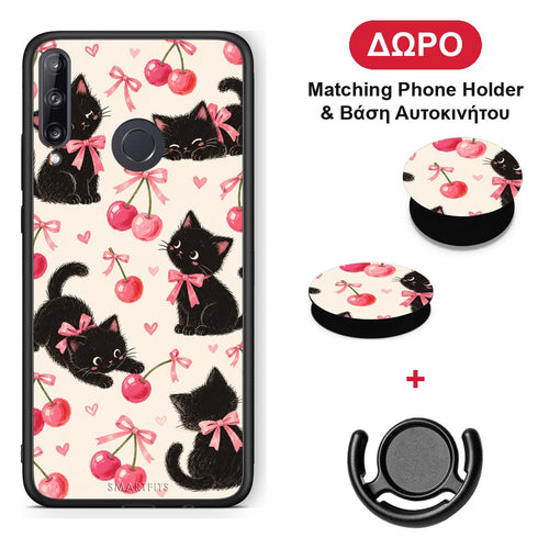 Black Kittens and Cherries on Cream - Huawei P40 Lite E θήκη + Δώρο Phone Holder & Βάση Αυτοκινήτου