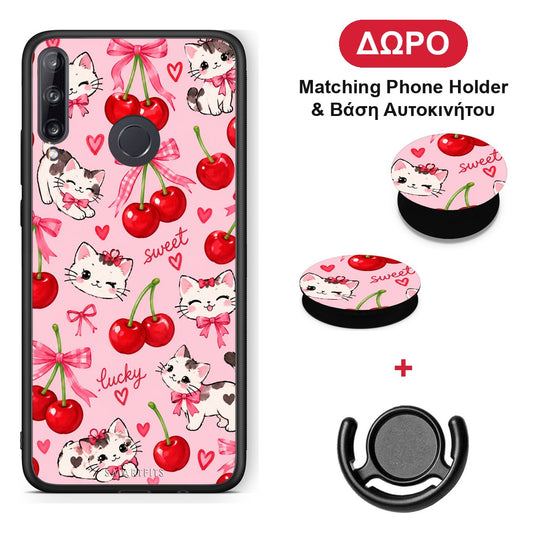 Cherries Bows and Kittens on Pink - Huawei P40 Lite E θήκη + Δώρο Phone Holder & Βάση Αυτοκινήτου
