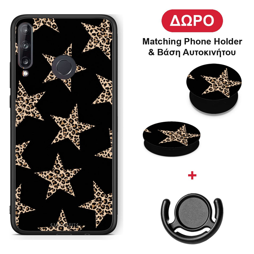 Leopard Stars on Black - Huawei P40 Lite E θήκη + Δώρο Phone Holder & Βάση Αυτοκινήτου