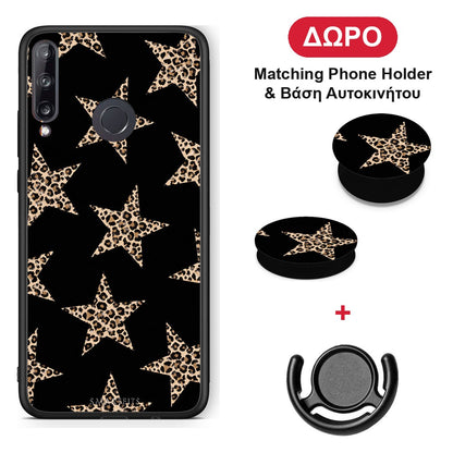 Leopard Stars on Black - Huawei P40 Lite E θήκη + Δώρο Phone Holder & Βάση Αυτοκινήτου
