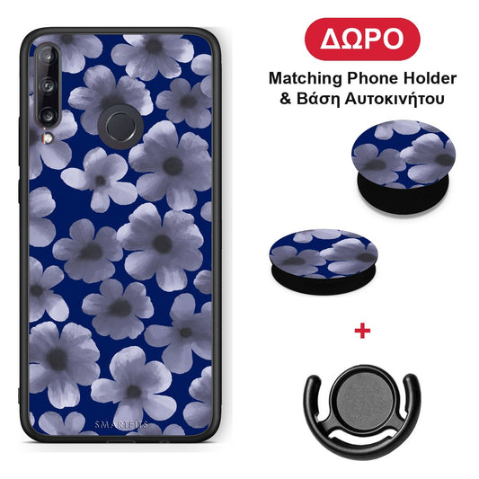 Pale Blue Flowers on Navy - Huawei P40 Lite E θήκη + Δώρο Phone Holder & Βάση Αυτοκινήτου