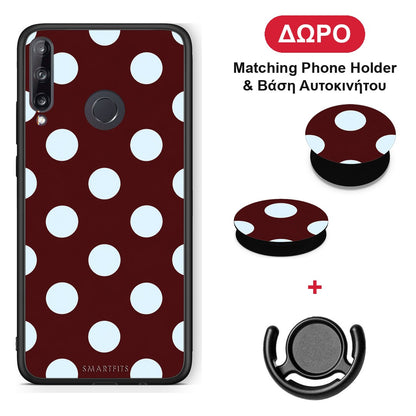 Pale Blue Large Polka Dots on Burgundy - Huawei P40 Lite E θήκη + Δώρο Phone Holder & Βάση Αυτοκινήτου