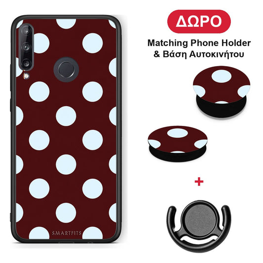 Pale Blue Large Polka Dots on Burgundy - Huawei P40 Lite E θήκη + Δώρο Phone Holder & Βάση Αυτοκινήτου