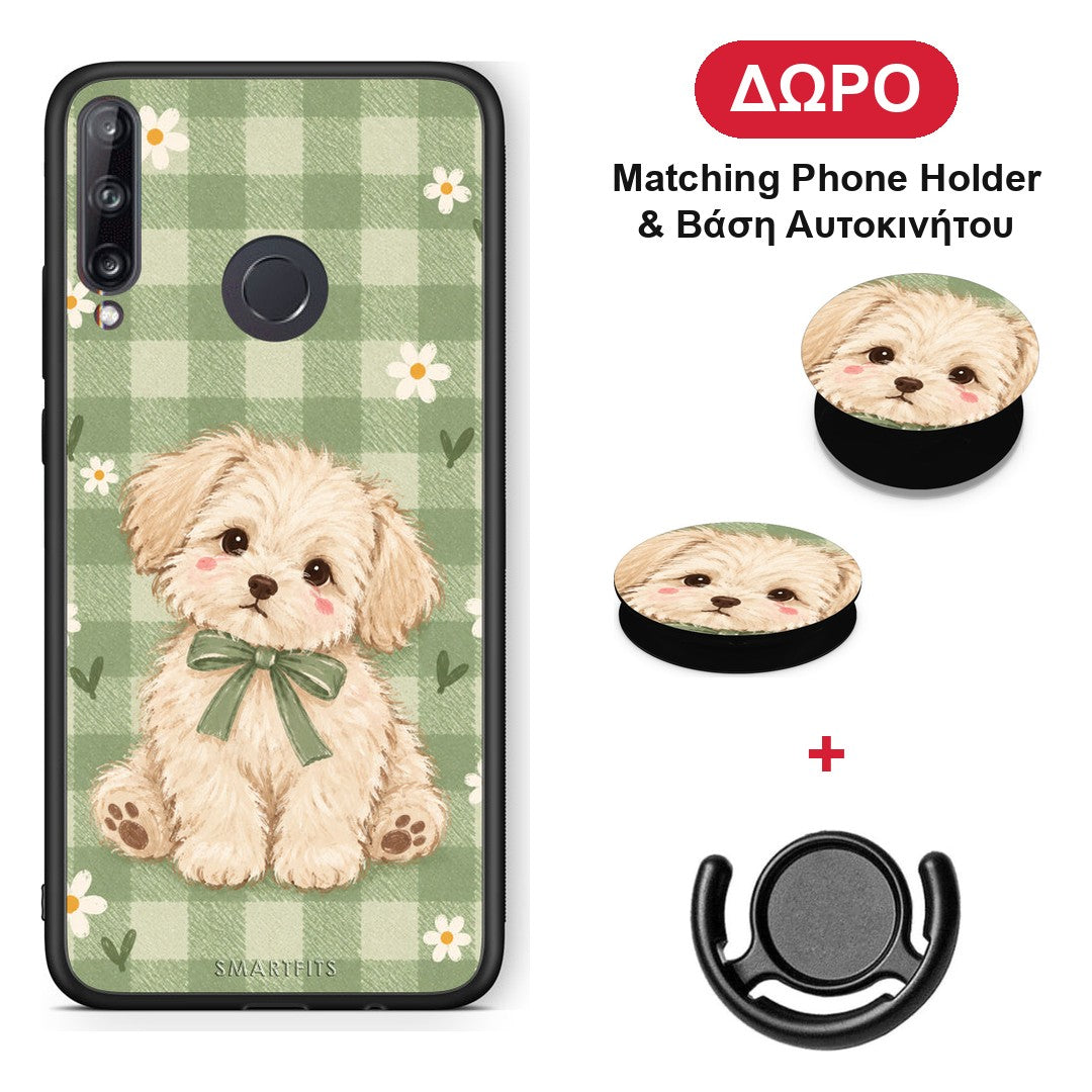Puppy and Daisies on Sage Gingham - Huawei P40 Lite E θήκη + Δώρο Phone Holder & Βάση Αυτοκινήτου