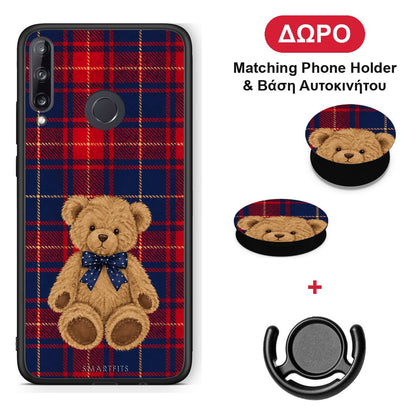 Teddy Bear on Red and Navy Tartan - Huawei P40 Lite E θήκη + Δώρο Phone Holder & Βάση Αυτοκινήτου
