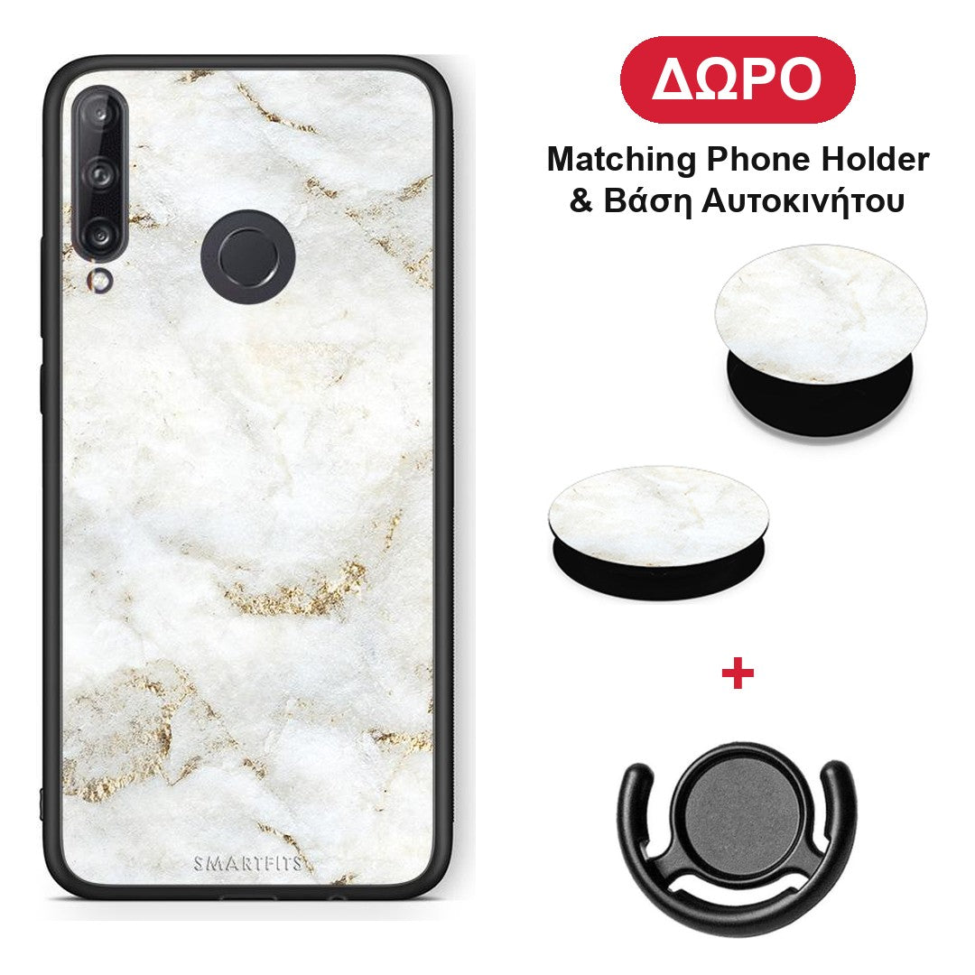 White Gold Marble - Huawei P40 Lite E θήκη + Δώρο Phone Holder & Βάση Αυτοκινήτου