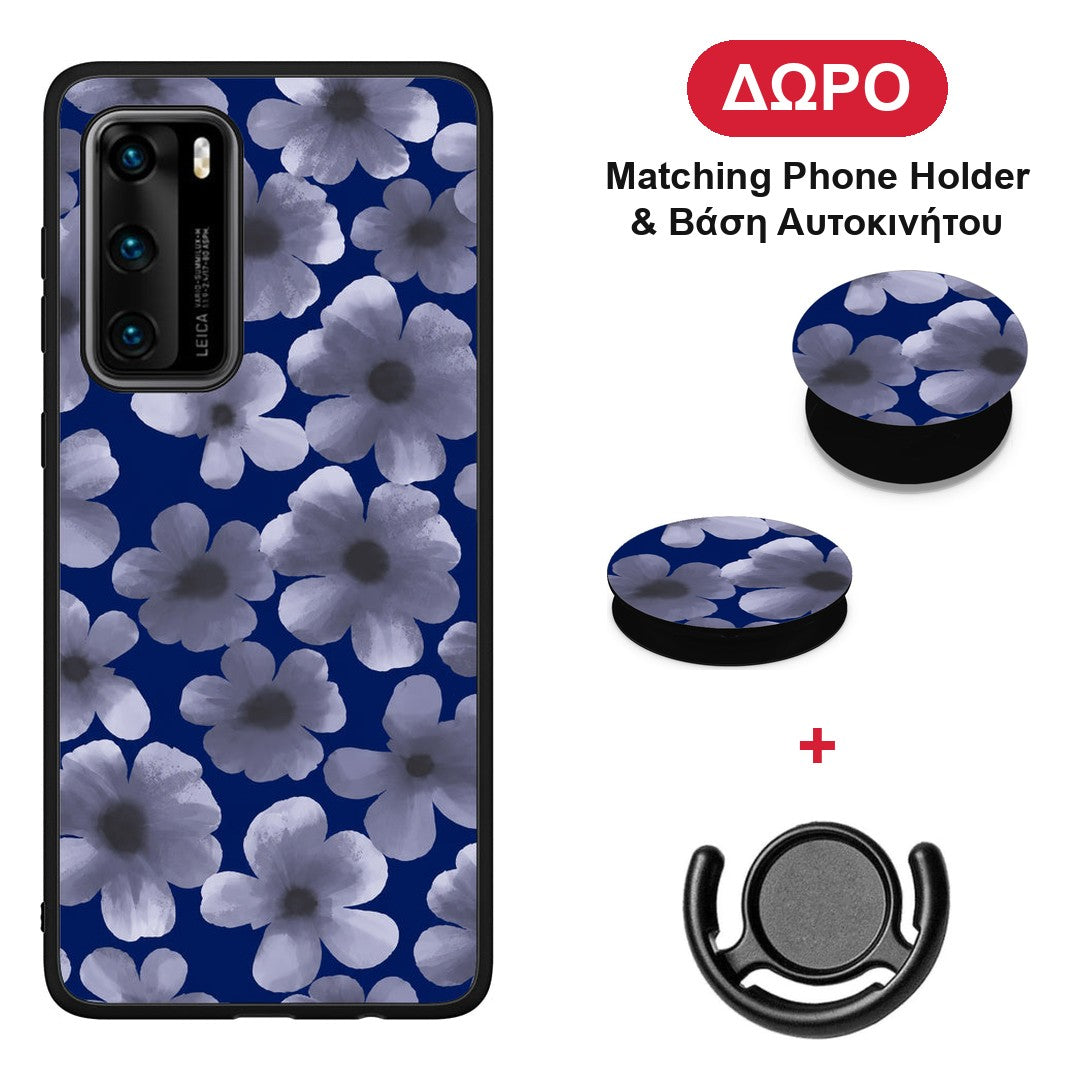 Pale Blue Flowers on Navy - Huawei P40 θήκη + Δώρο Phone Holder & Βάση Αυτοκινήτου