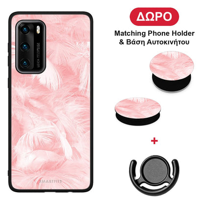 Boho Pink Feather - Huawei P40 θήκη + Δώρο Phone Holder & Βάση Αυτοκινήτου