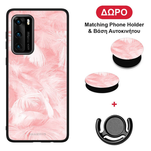 Boho Pink Feather - Huawei P40 θήκη + Δώρο Phone Holder & Βάση Αυτοκινήτου