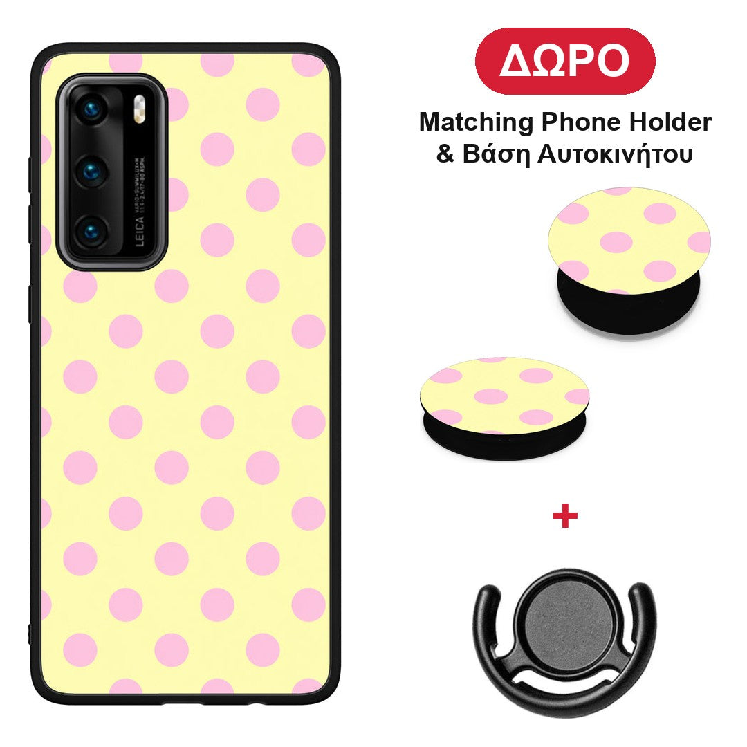 Pink Polka Dots on Yellow - Huawei P40 θήκη + Δώρο Phone Holder & Βάση Αυτοκινήτου