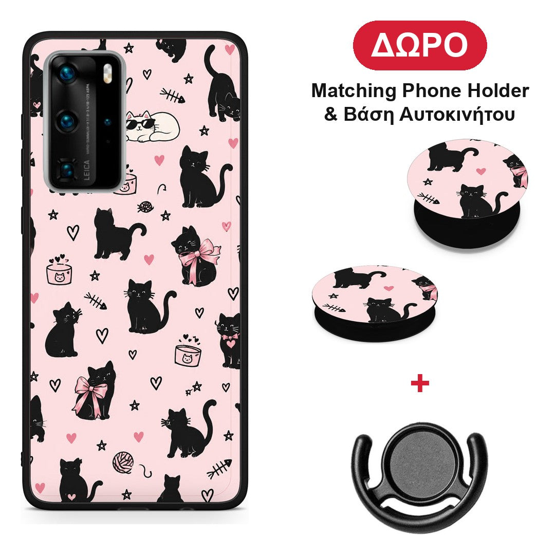 Black Cat Doodles on Pink - Huawei P40 Pro θήκη + Δώρο Phone Holder & Βάση Αυτοκινήτου