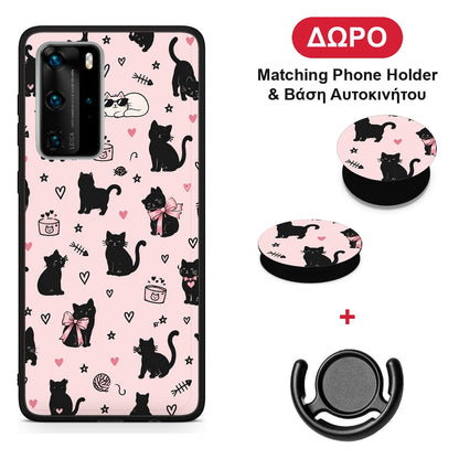 Black Cat Doodles on Pink - Huawei P40 Pro θήκη + Δώρο Phone Holder & Βάση Αυτοκινήτου