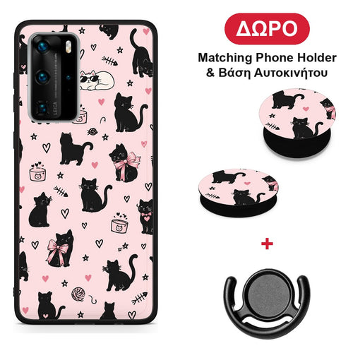 Black Cat Doodles on Pink - Huawei P40 Pro θήκη + Δώρο Phone Holder & Βάση Αυτοκινήτου