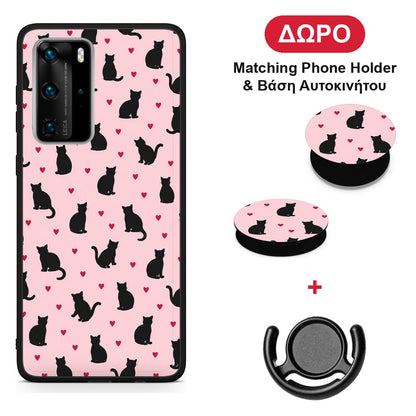 Black Cat Silhouettes and Hearts on Pink - Huawei P40 Pro θήκη + Δώρο Phone Holder & Βάση Αυτοκινήτου