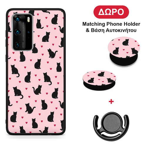 Black Cat Silhouettes and Hearts on Pink - Huawei P40 Pro θήκη + Δώρο Phone Holder & Βάση Αυτοκινήτου