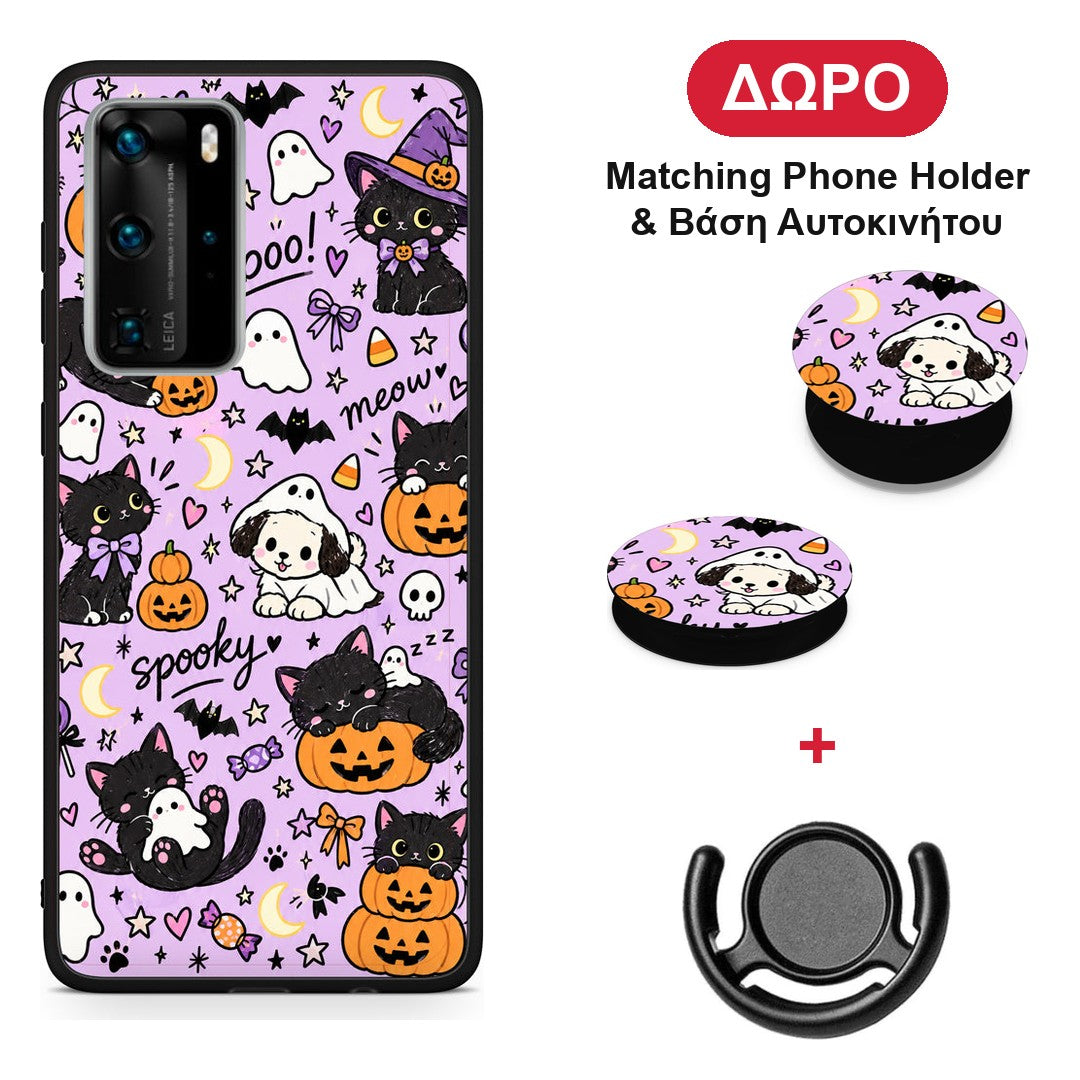 Halloween Black Cats on Lilac - Huawei P40 Pro θήκη + Δώρο Phone Holder & Βάση Αυτοκινήτου