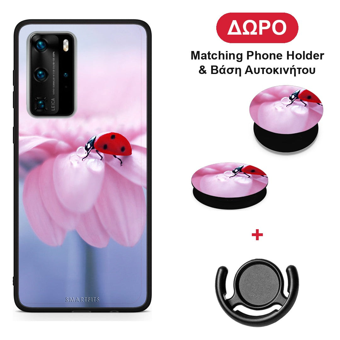 Ladybug Flower - Huawei P40 Pro θήκη + Δώρο Phone Holder & Βάση Αυτοκινήτου