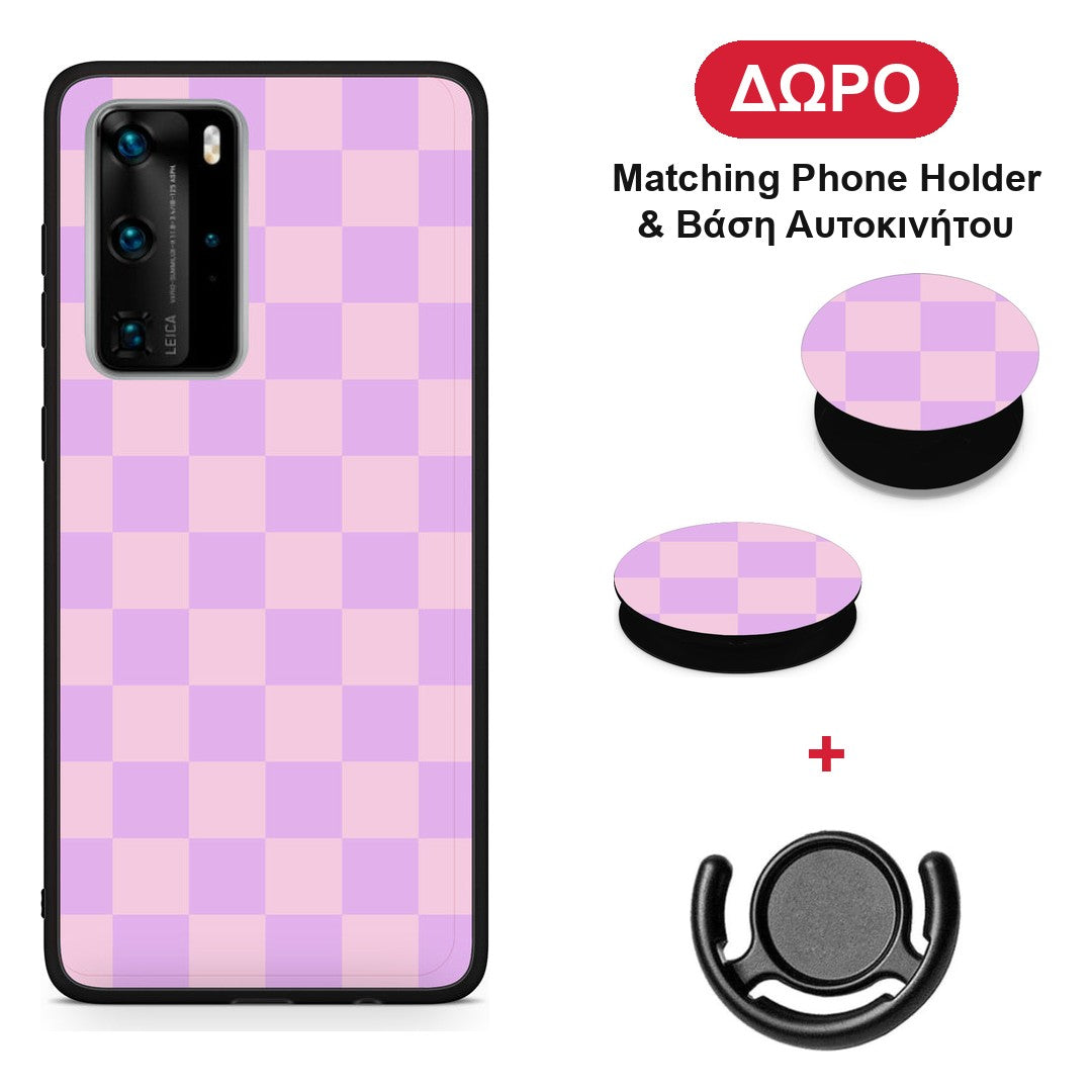 Lavender and Pink Checkerboard - Huawei P40 Pro θήκη + Δώρο Phone Holder & Βάση Αυτοκινήτου