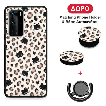 Leopard Spots and Black Cats on Cream - Huawei P40 Pro θήκη + Δώρο Phone Holder & Βάση Αυτοκινήτου