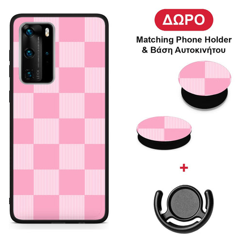 Pink and White Striped Checks - Huawei P40 Pro θήκη + Δώρο Phone Holder & Βάση Αυτοκινήτου