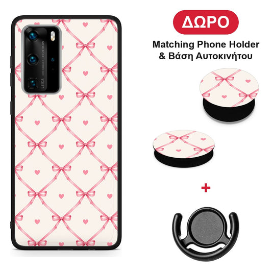 Pink Bow Lattice and Hearts on Cream - Huawei P40 Pro θήκη + Δώρο Phone Holder & Βάση Αυτοκινήτου