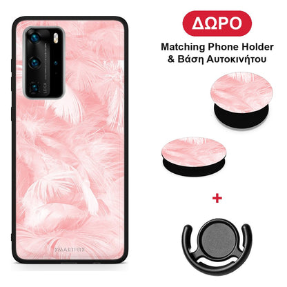 Boho Pink Feather - Huawei P40 Pro θήκη + Δώρο Phone Holder & Βάση Αυτοκινήτου