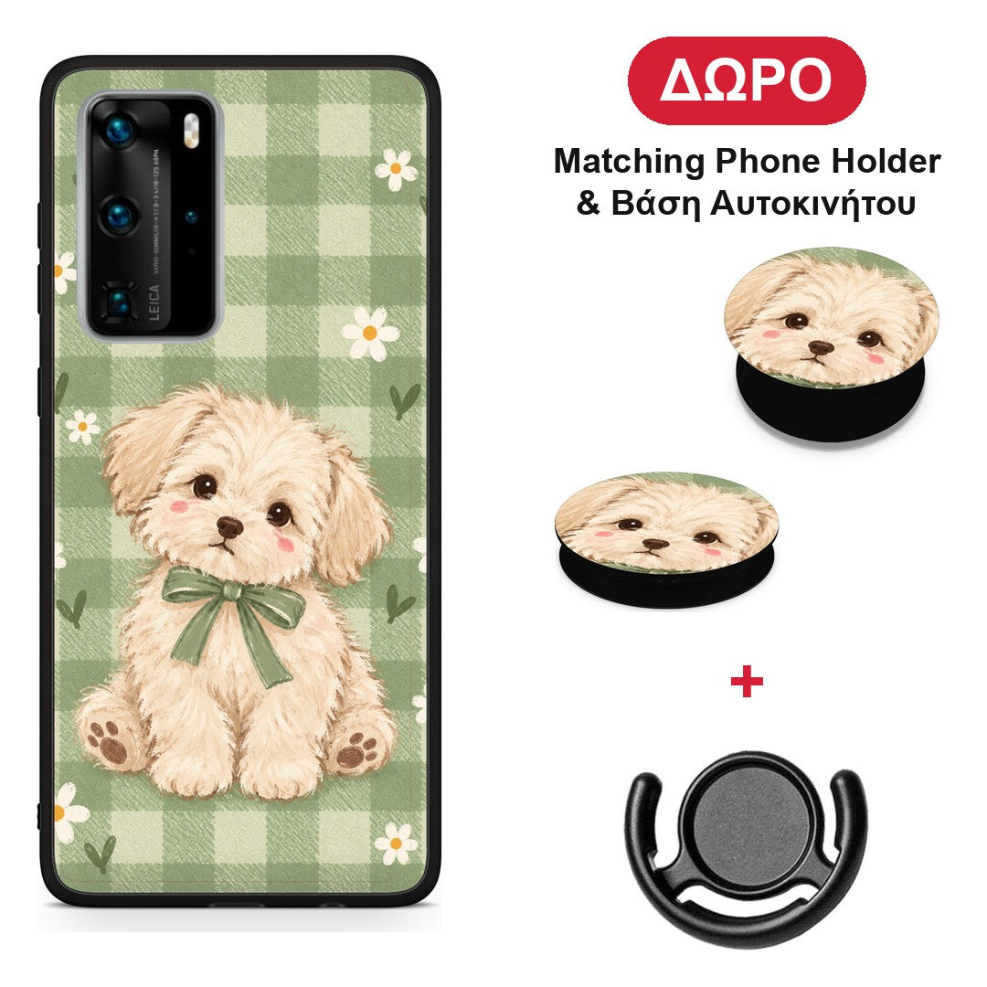 Puppy and Daisies on Sage Gingham - Huawei P40 Pro θήκη + Δώρο Phone Holder & Βάση Αυτοκινήτου