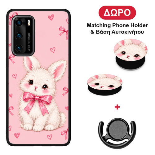 White Bunny and Pink Bows - Huawei P40 θήκη + Δώρο Phone Holder & Βάση Αυτοκινήτου