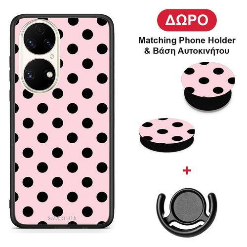 Black Polka Dots on Pink - Huawei P50 θήκη + Δώρο Phone Holder & Βάση Αυτοκινήτου