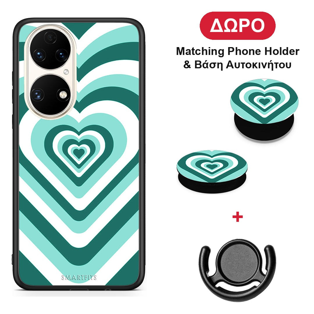 Green Hearts - Huawei P50 θήκη + Δώρο Phone Holder & Βάση Αυτοκινήτου