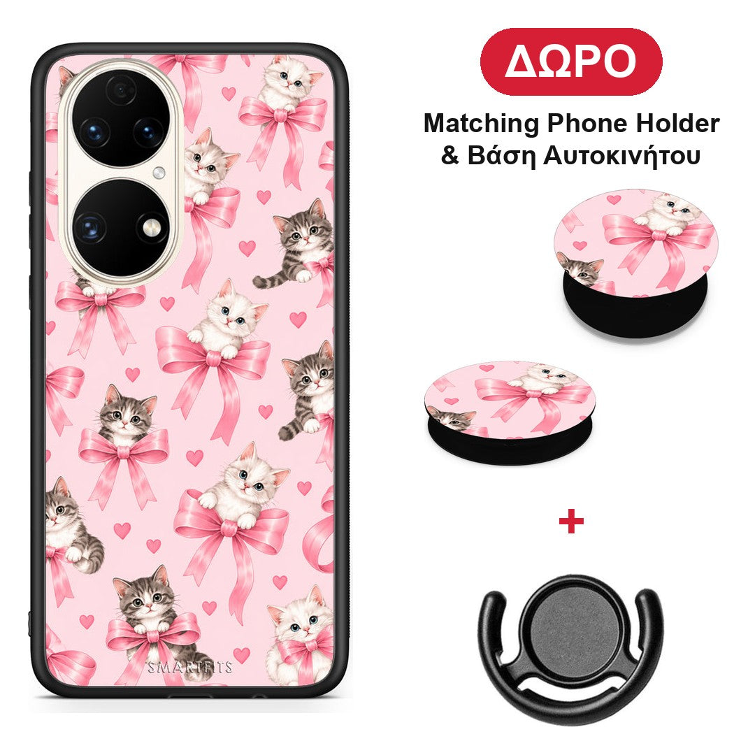 Kittens and Pink Bows on Pink - Huawei P50 θήκη + Δώρο Phone Holder & Βάση Αυτοκινήτου