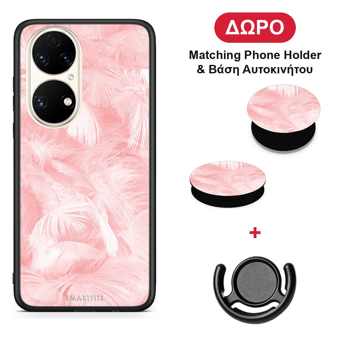 Boho Pink Feather - Huawei P50 θήκη + Δώρο Phone Holder & Βάση Αυτοκινήτου