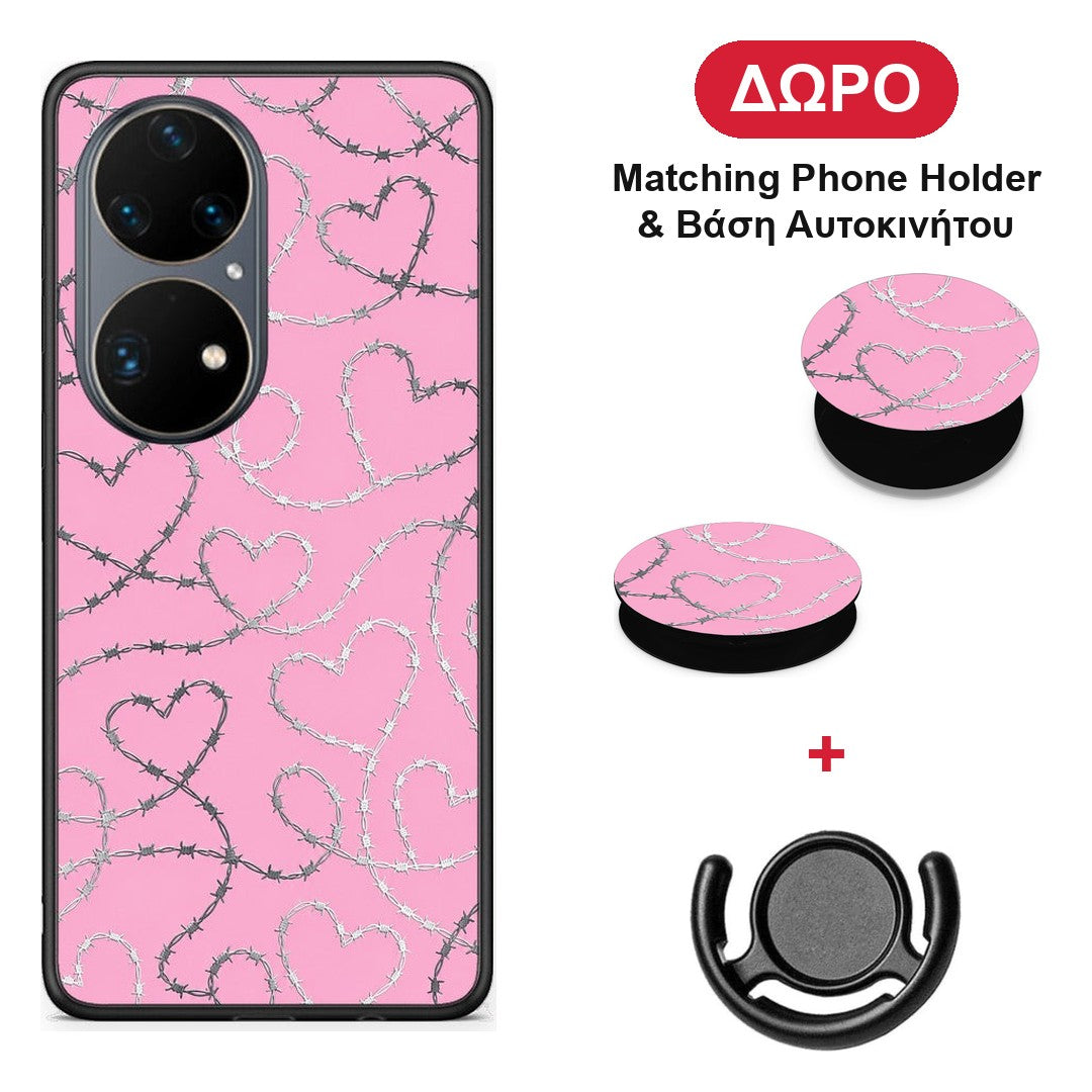 Barbed Wire Hearts on Pink - Huawei P50 Pro θήκη + Δώρο Phone Holder & Βάση Αυτοκινήτου
