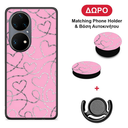 Barbed Wire Hearts on Pink - Huawei P50 Pro θήκη + Δώρο Phone Holder & Βάση Αυτοκινήτου