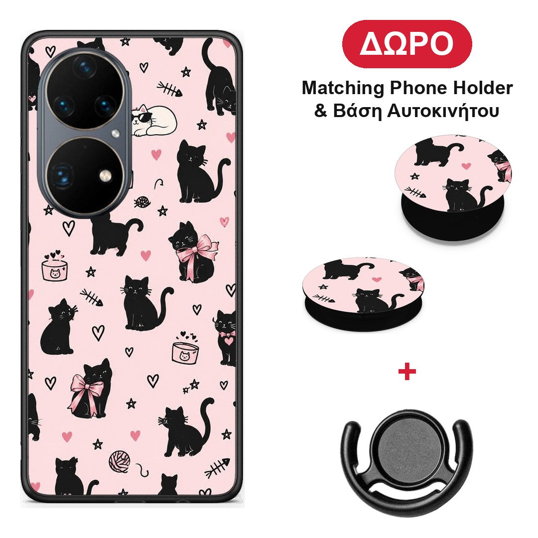 Black Cat Doodles on Pink - Huawei P50 Pro θήκη + Δώρο Phone Holder & Βάση Αυτοκινήτου