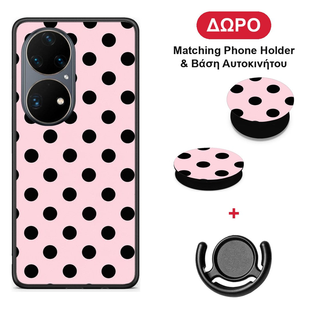 Black Polka Dots on Pink - Huawei P50 Pro θήκη + Δώρο Phone Holder & Βάση Αυτοκινήτου