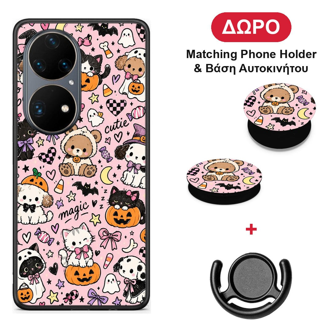 Halloween Cute Animals on Pink - Huawei P50 Pro θήκη + Δώρο Phone Holder & Βάση Αυτοκινήτου