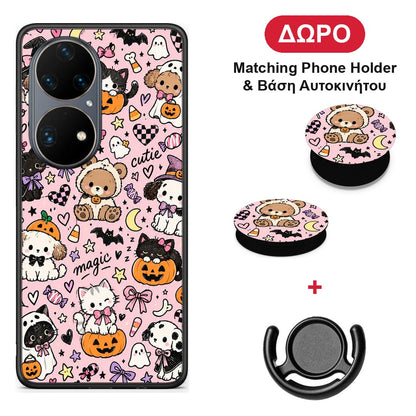 Halloween Cute Animals on Pink - Huawei P50 Pro θήκη + Δώρο Phone Holder & Βάση Αυτοκινήτου