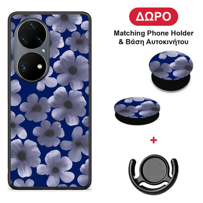 Pale Blue Flowers on Navy - Huawei P50 Pro θήκη + Δώρο Phone Holder & Βάση Αυτοκινήτου