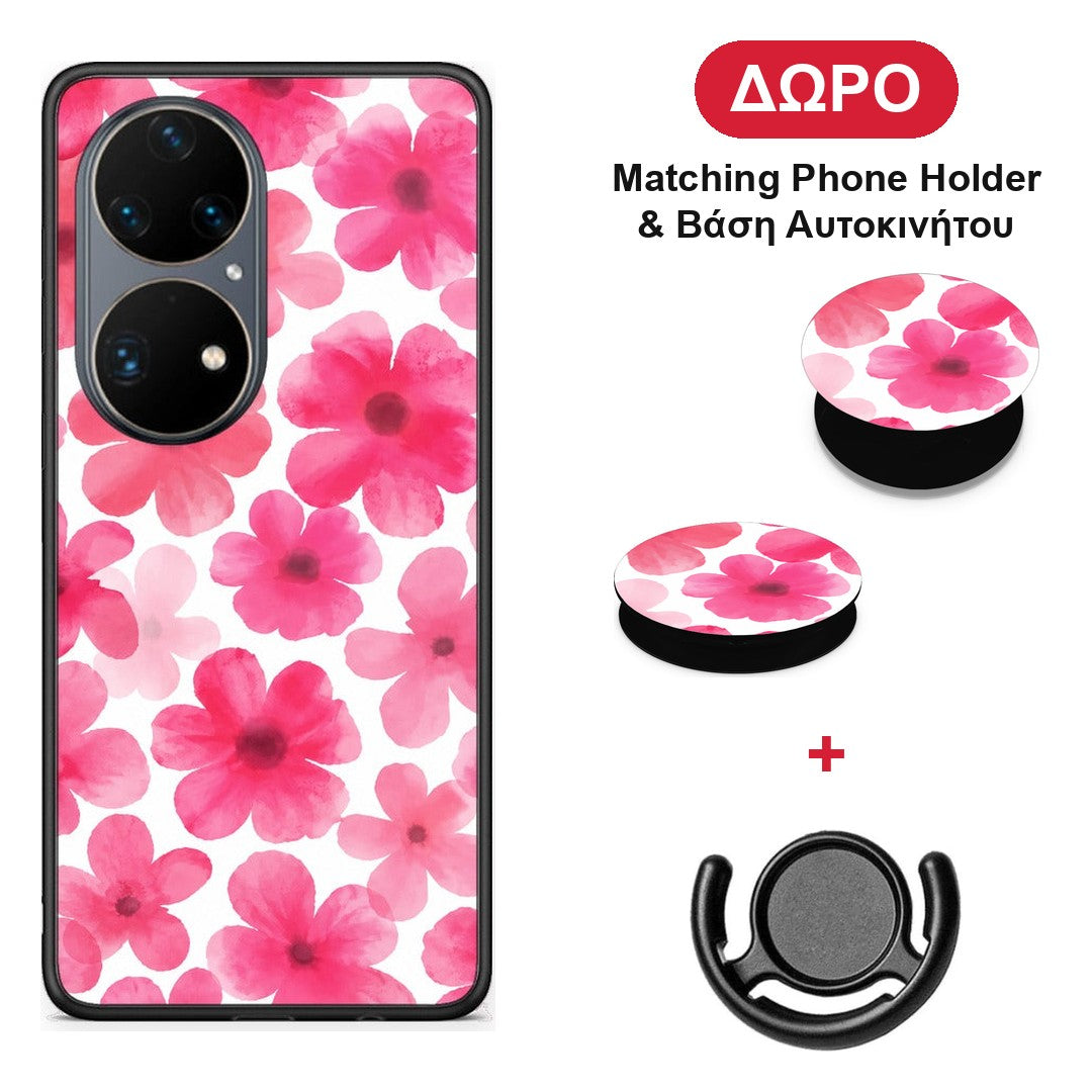 Pink Watercolour Flowers on White - Huawei P50 Pro θήκη + Δώρο Phone Holder & Βάση Αυτοκινήτου