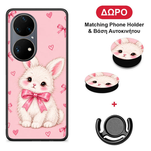 White Bunny and Pink Bows - Huawei P50 Pro θήκη + Δώρο Phone Holder & Βάση Αυτοκινήτου