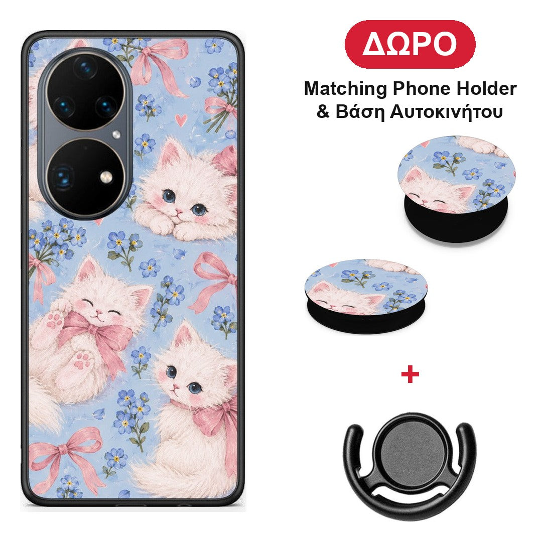 White Kittens and Blue Flowers Large - Huawei P50 Pro θήκη + Δώρο Phone Holder & Βάση Αυτοκινήτου